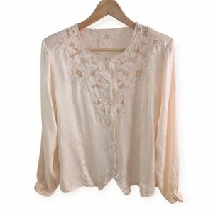 Vintage 100% Silk Blouse Embroidered Lace Pink